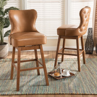 Baxton Studio BBT5246B-TanWalnut-BS Baxton Studio Gradisca Modern and Contemporary Tan Faux Leather Upholstered and Walnut Brown Finished Wood 2-Piece Swivel Bar Stool Set